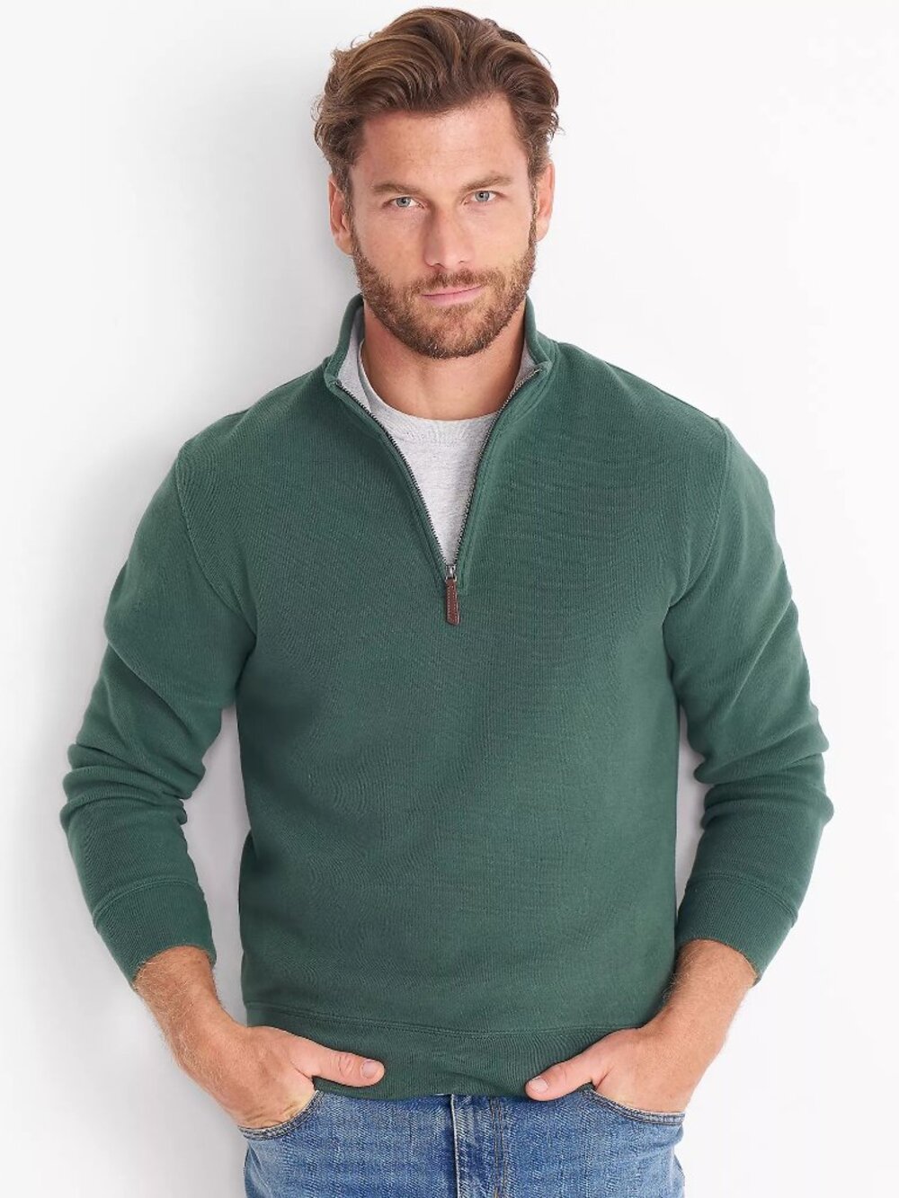 2/$30 Lands' End Bedford Rib Quarter Zip Pullover Sweater Deep Woodland #A4976